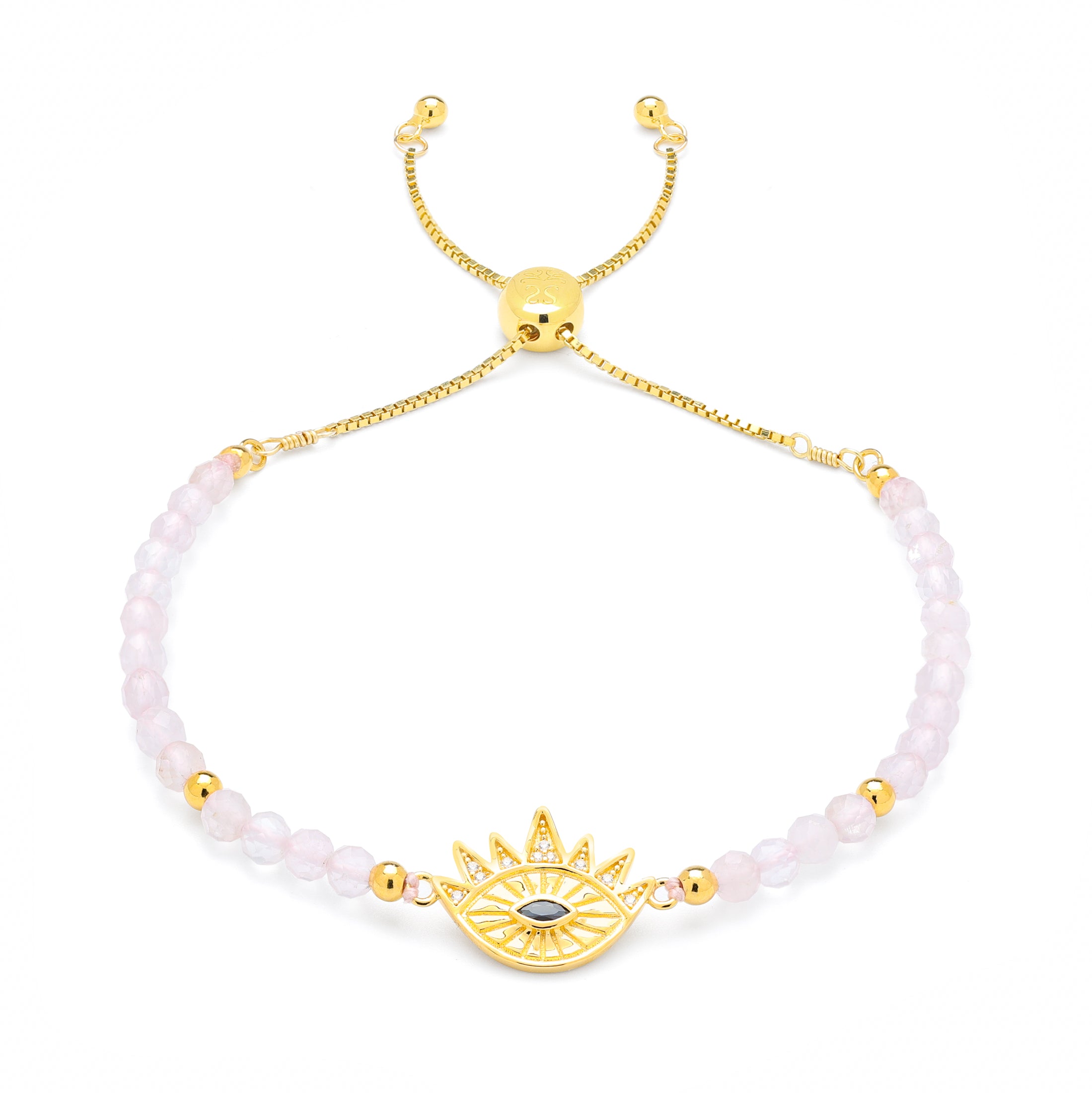 Heart Healing Evil Eye Bracelet – Rose Quartz with Sapphire in 18K Gold Spiritual Jewelry