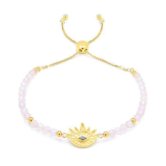 Heart Healing Evil Eye Bracelet, Rose Quartz with Sapphire, 18k Gold