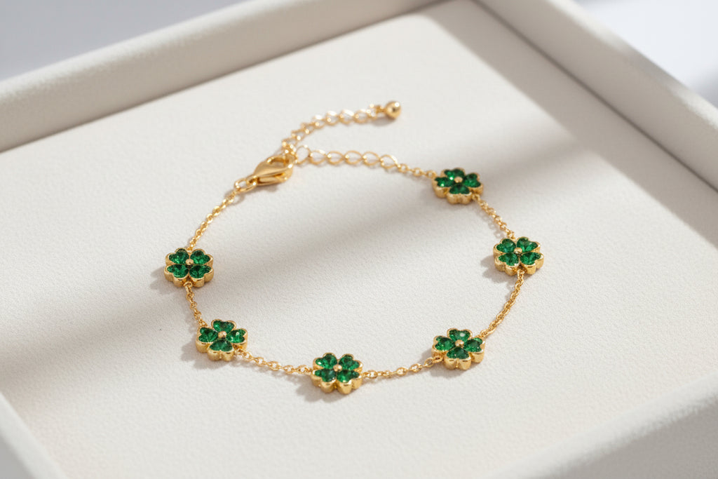 Four Leaf Clover Bracelet | Talisman of Luck & Prosperity | Emerald Zirconia & Gold
