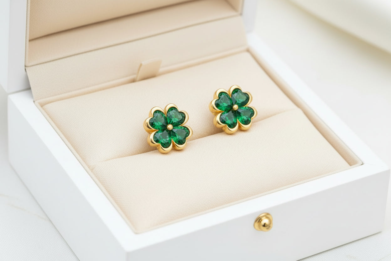 Four Leaf Clover Heart Stud Earrings | Good Luck and Protection | Emerald Zirconia