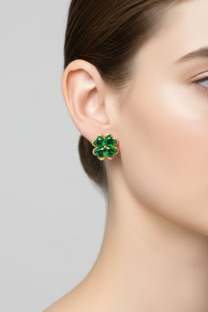 Four Leaf Clover Heart Stud Earrings | Good Luck and Protection | Emerald Zirconia