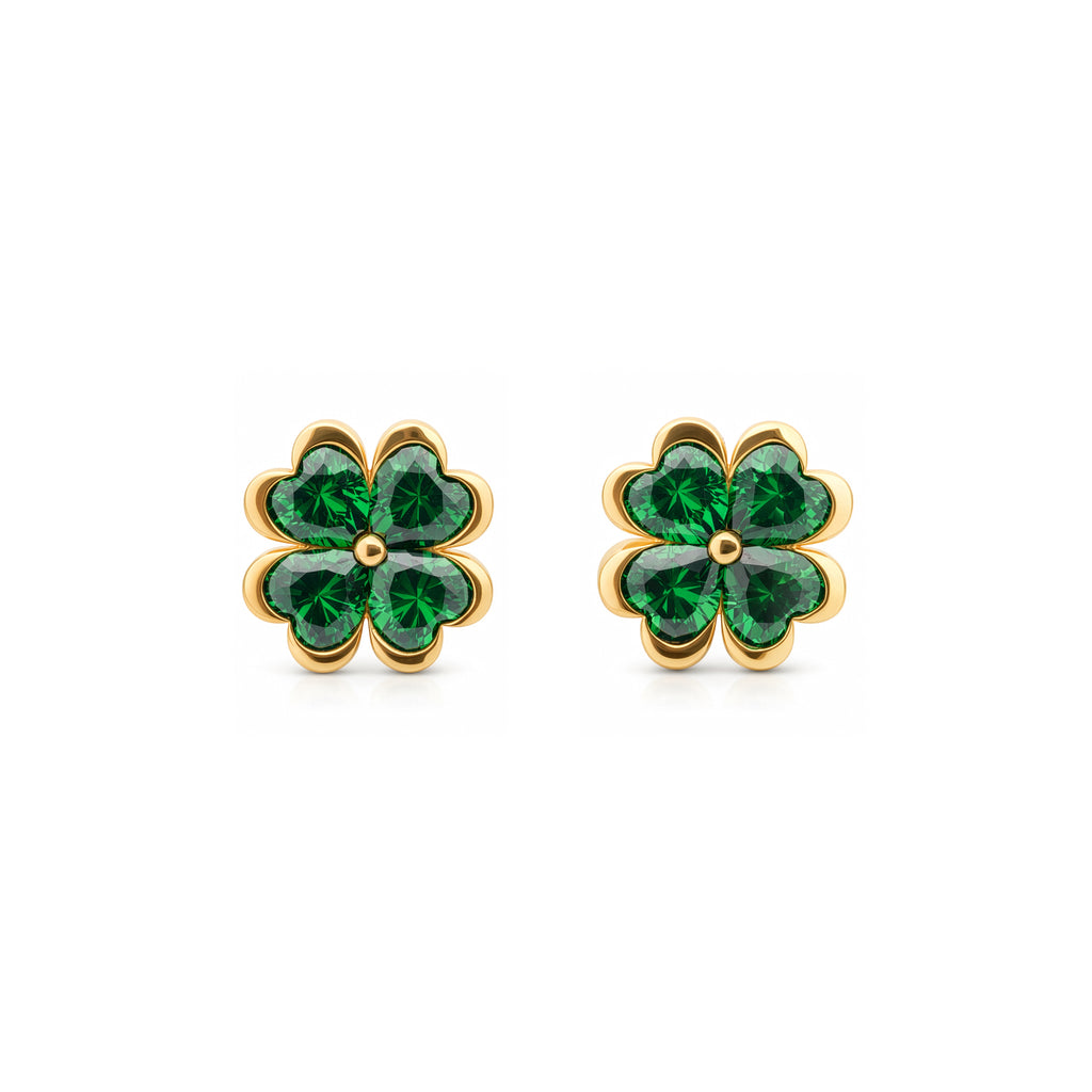 Four Leaf Clover Heart Stud Earrings | Good Luck and Protection | Emerald Zirconia