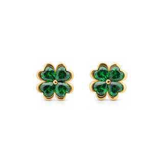 Four Leaf Clover Heart Stud Earrings | Good Luck and Protection | Emerald Zirconia
