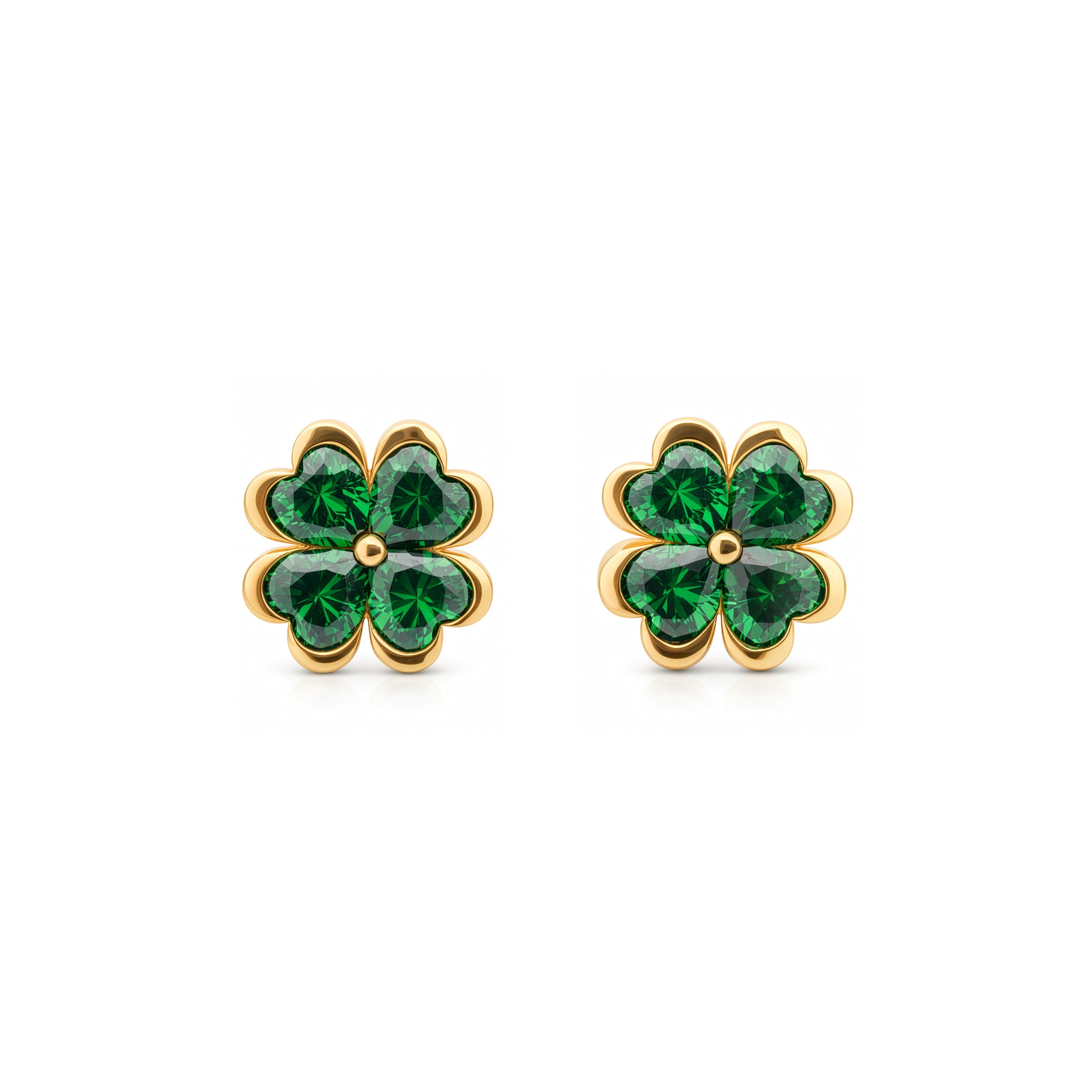 Four Leaf Clover Heart Stud Earrings | Good Luck and Protection | Emerald Zirconia