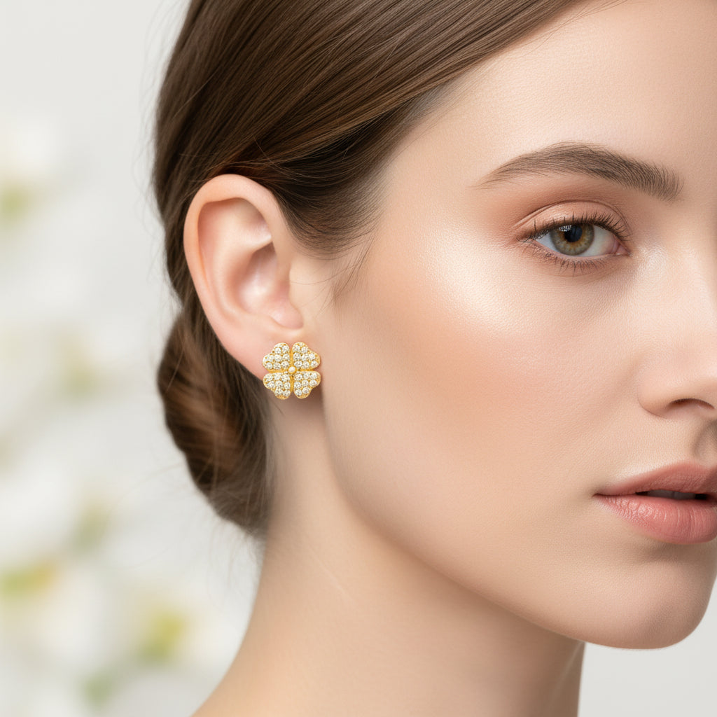 Four Leaf Clover Pave Stud Earrings | For Rare Lucky Fortune & Vitality | Peridot Zirconia Diamond & Gold