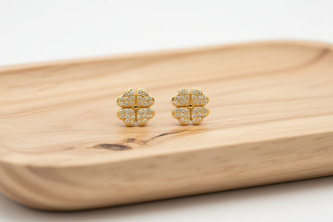 Four Leaf Clover Pave Stud Earrings | For Rare Lucky Fortune & Vitality | Peridot Zirconia Diamond & Gold