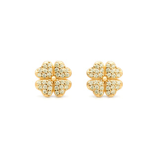 Four Leaf Clover Pave Stud Earrings | For Rare Lucky Fortune & Vitality | Peridot Zirconia Diamond & Gold