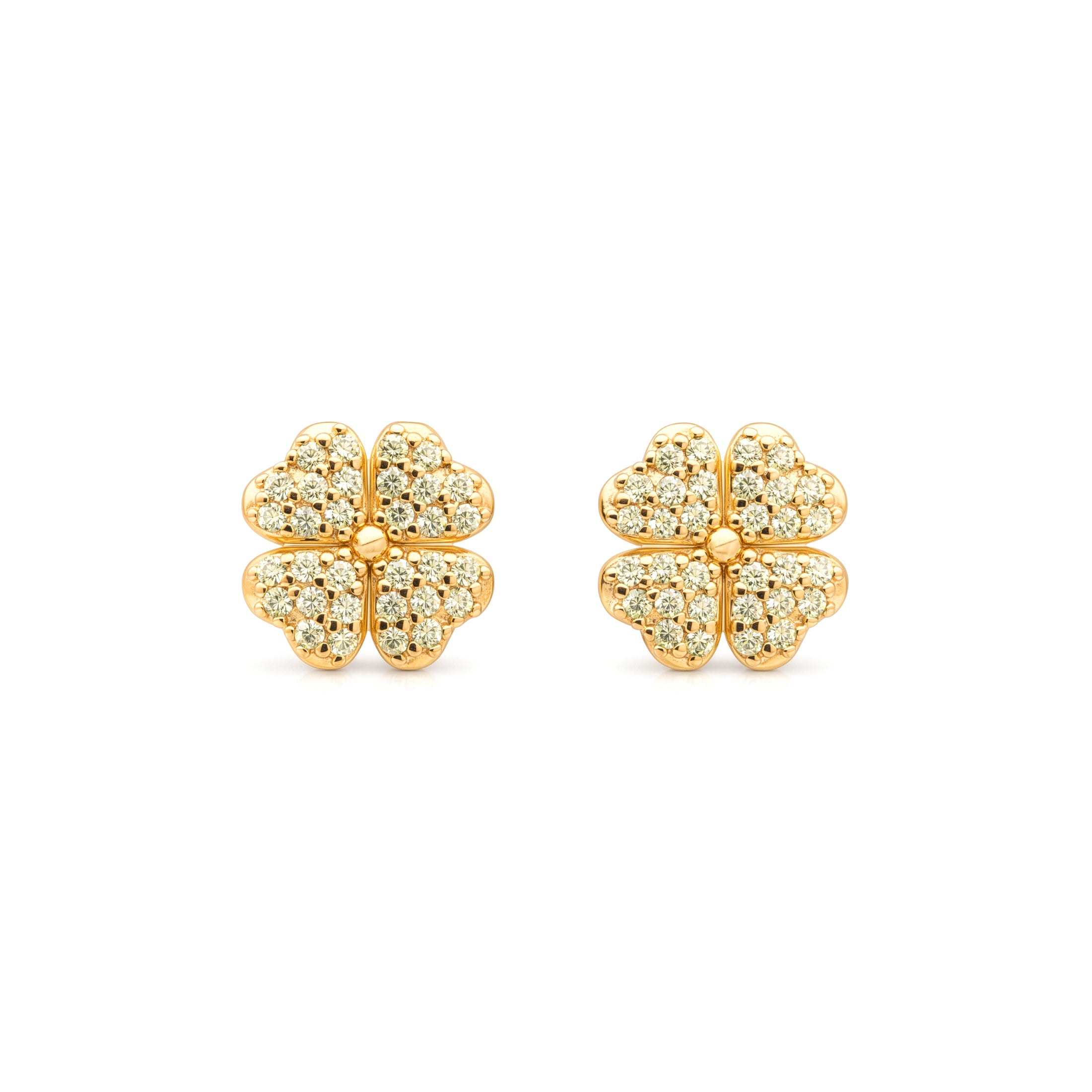 Four Leaf Clover Pave Stud Earrings | For Rare Lucky Fortune & Vitality | Peridot Zirconia Diamond & Gold