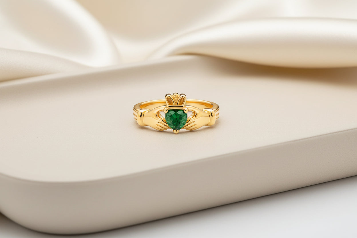 Claddagh Heart Ring | Love, Friendship, Loyalty | Emerald Zirconia & Gold