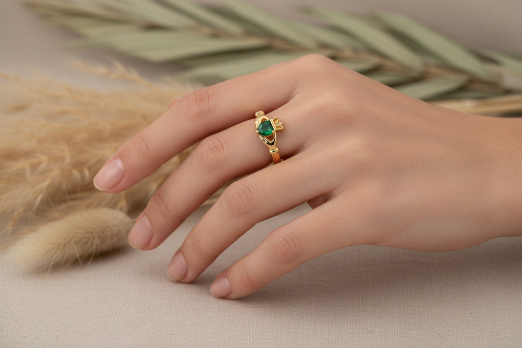 Claddagh Heart Ring | Love, Friendship, Loyalty | Emerald Zirconia & Gold