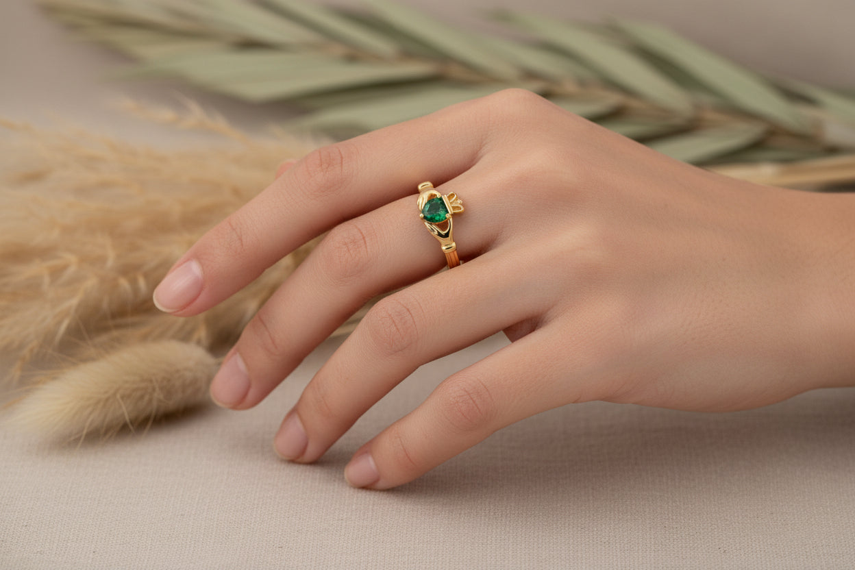 Claddagh Heart Ring | Love, Friendship, Loyalty | Emerald Zirconia & Gold
