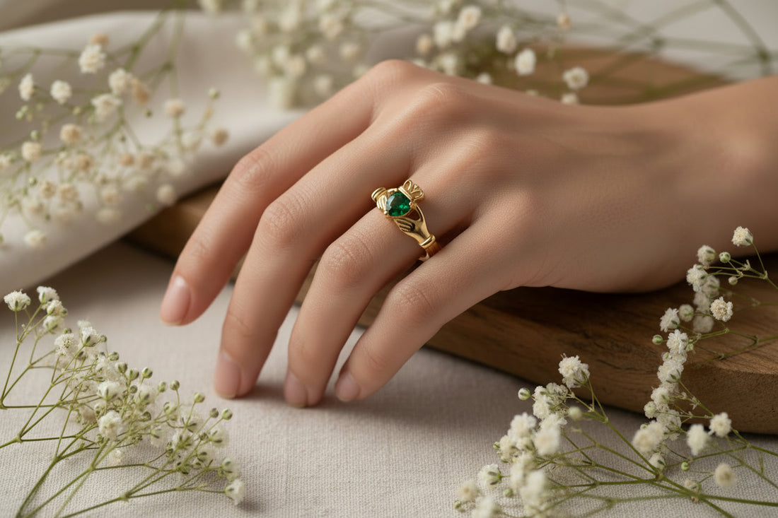 Claddagh Heart Ring | Love, Friendship, Loyalty | Emerald Zirconia & Gold
