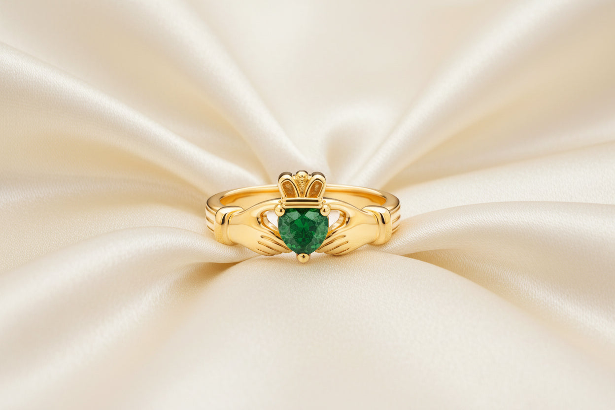 Claddagh Heart Ring | Love, Friendship, Loyalty | Emerald Zirconia & Gold