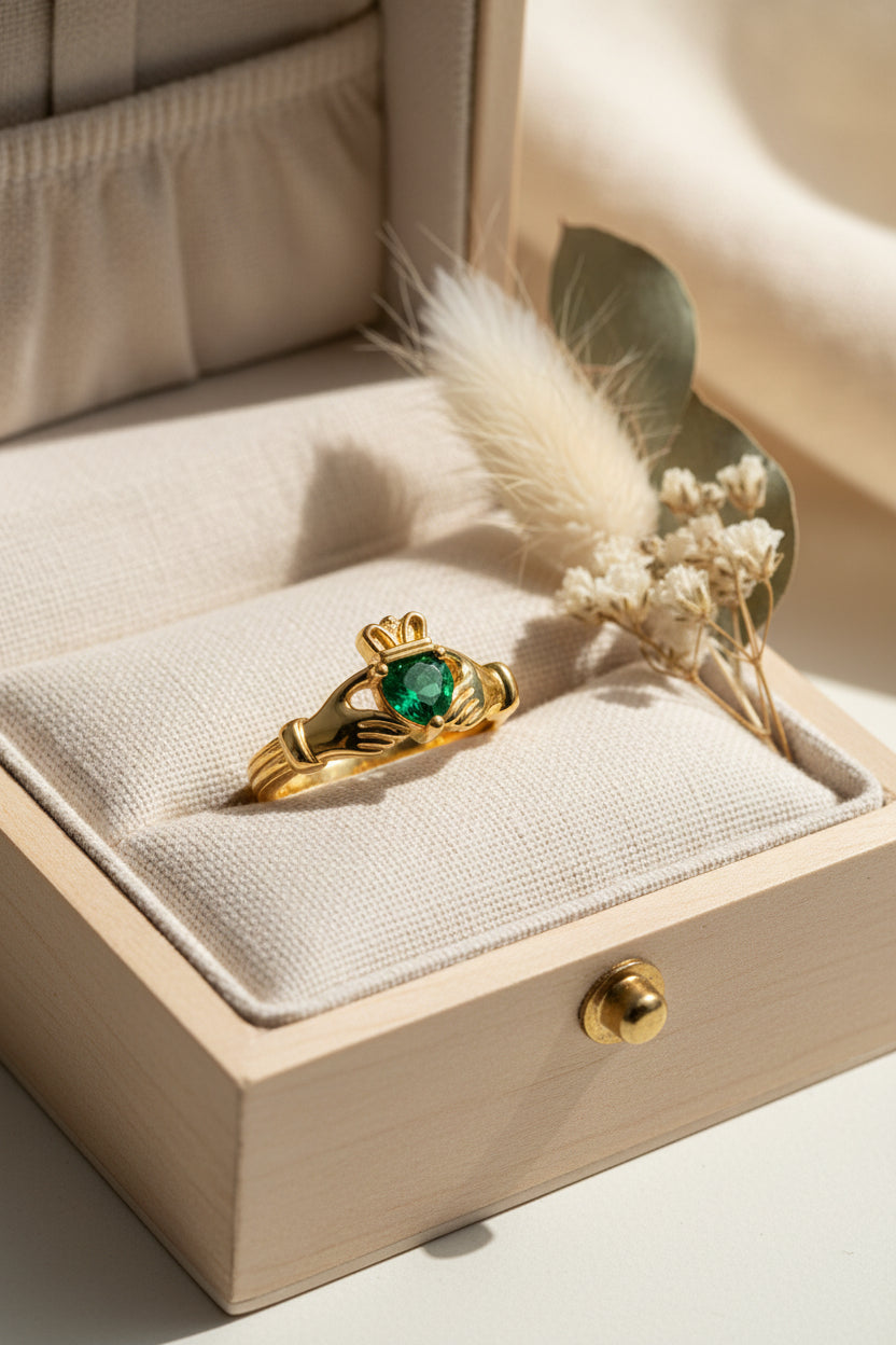 Claddagh Heart Ring | Love, Friendship, Loyalty | Emerald Zirconia & Gold