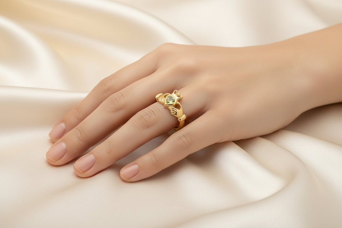 Claddagh Heart Ring | Love, Friendship, Loyalty | Peridot Zirconia & Gold