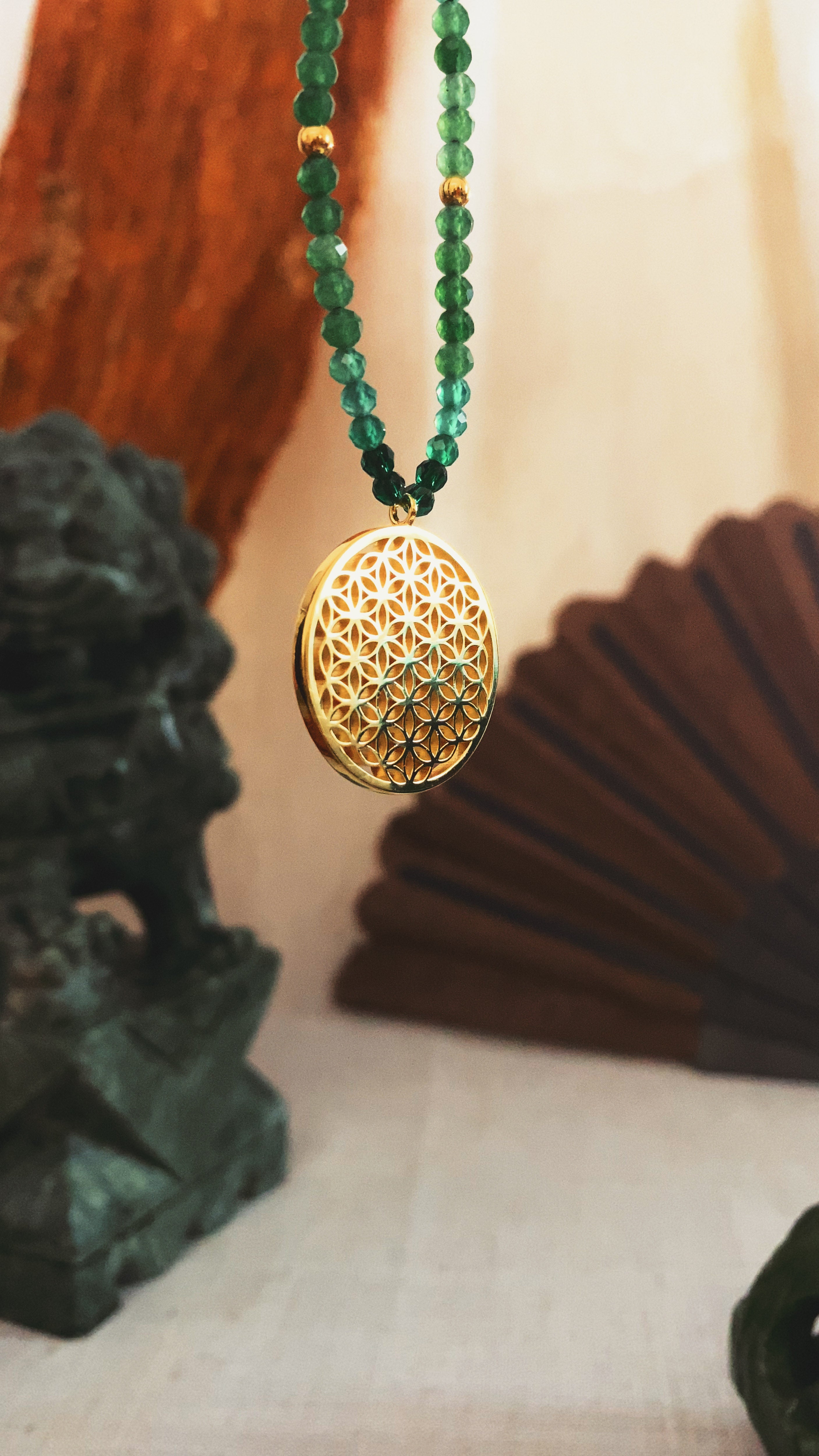 Joy & Prosperity Flower of Life Necklace – Green Aventurine, Spinel & Chrysoprase – 18K Gold