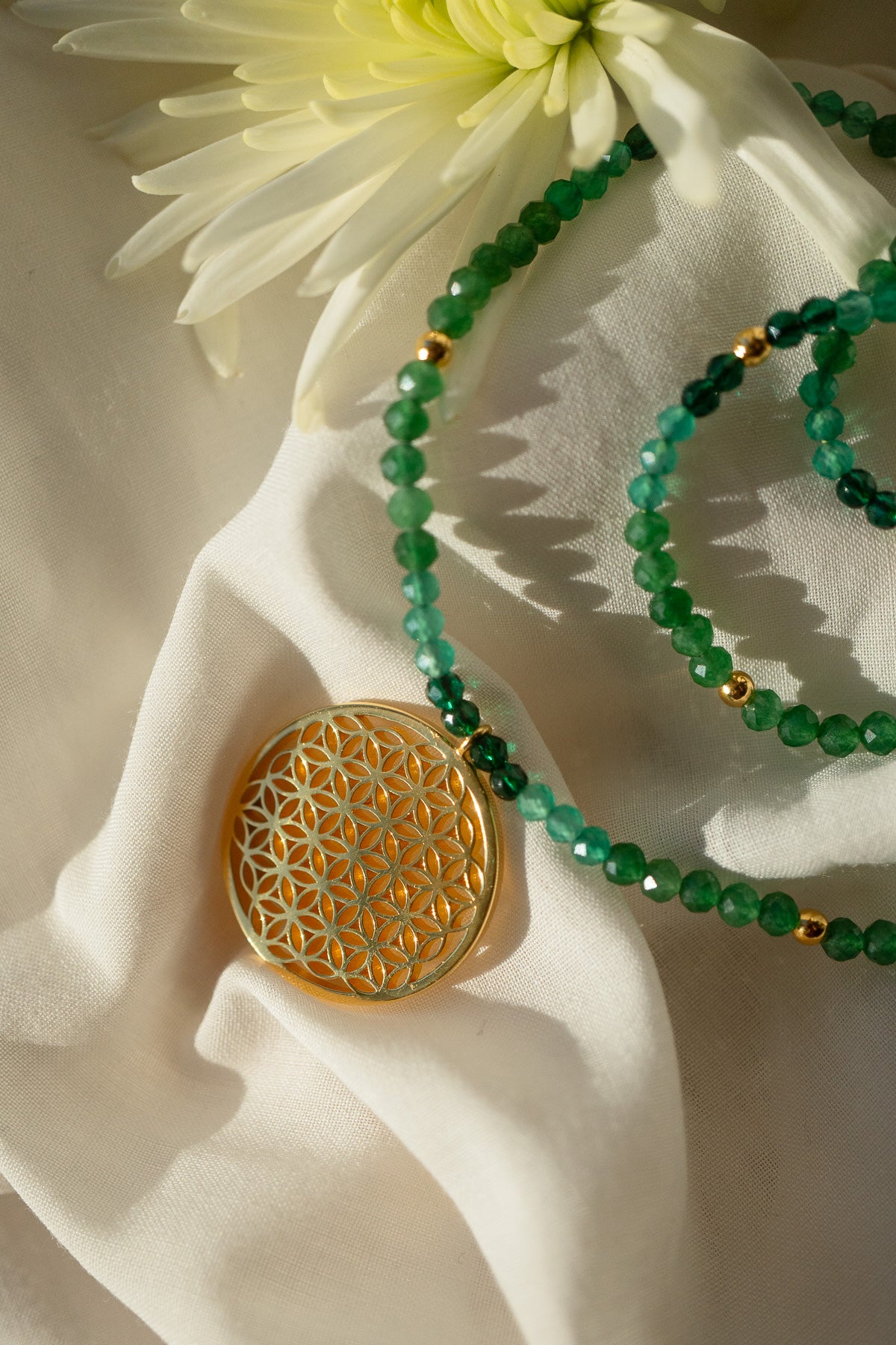 Joy & Prosperity Flower of Life Necklace – Green Aventurine, Spinel & Chrysoprase – 18K Gold