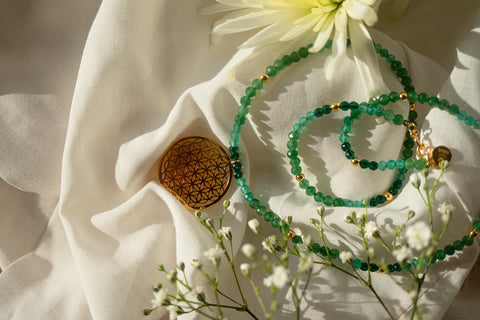 Joy and Prosperity Flower of Life Necklace, Green Aventurine, Spinel, Chrysoprase, 18K Gold