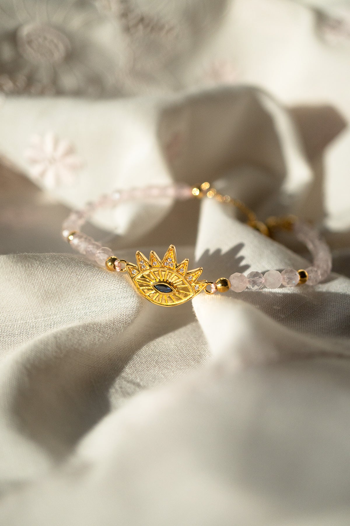Heart Healing Evil Eye Bracelet – Rose Quartz with Sapphire in 18K Gold Spiritual Jewelry