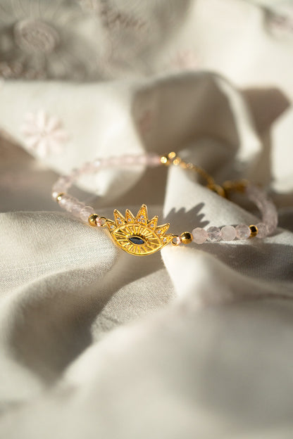 Heart Healing Evil Eye Bracelet, Rose Quartz with Sapphire, 18k Gold