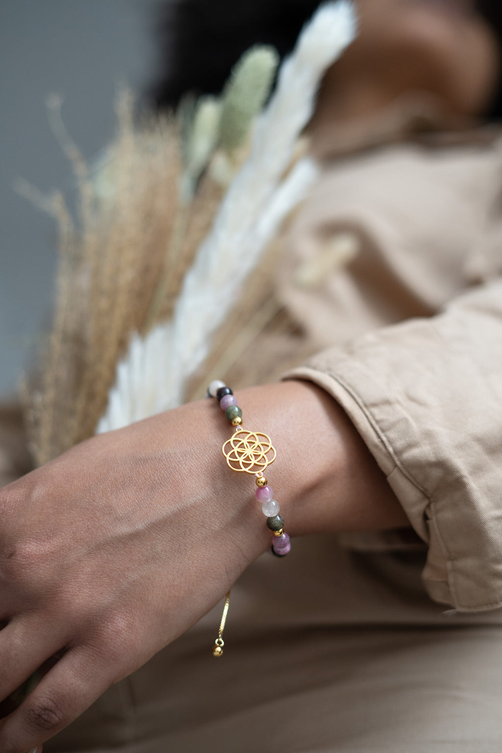 Seed of Life | Gratitude for Creation Tourmaline Bracelet | 18k Gold Plated | Spiritual Healing Jewelry