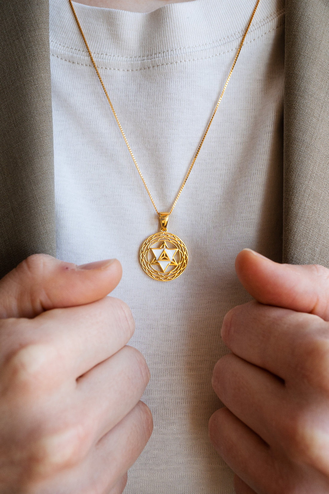 Merkaba Star, Spiritual Ascension Necklace, 18k Gold with White Enamel