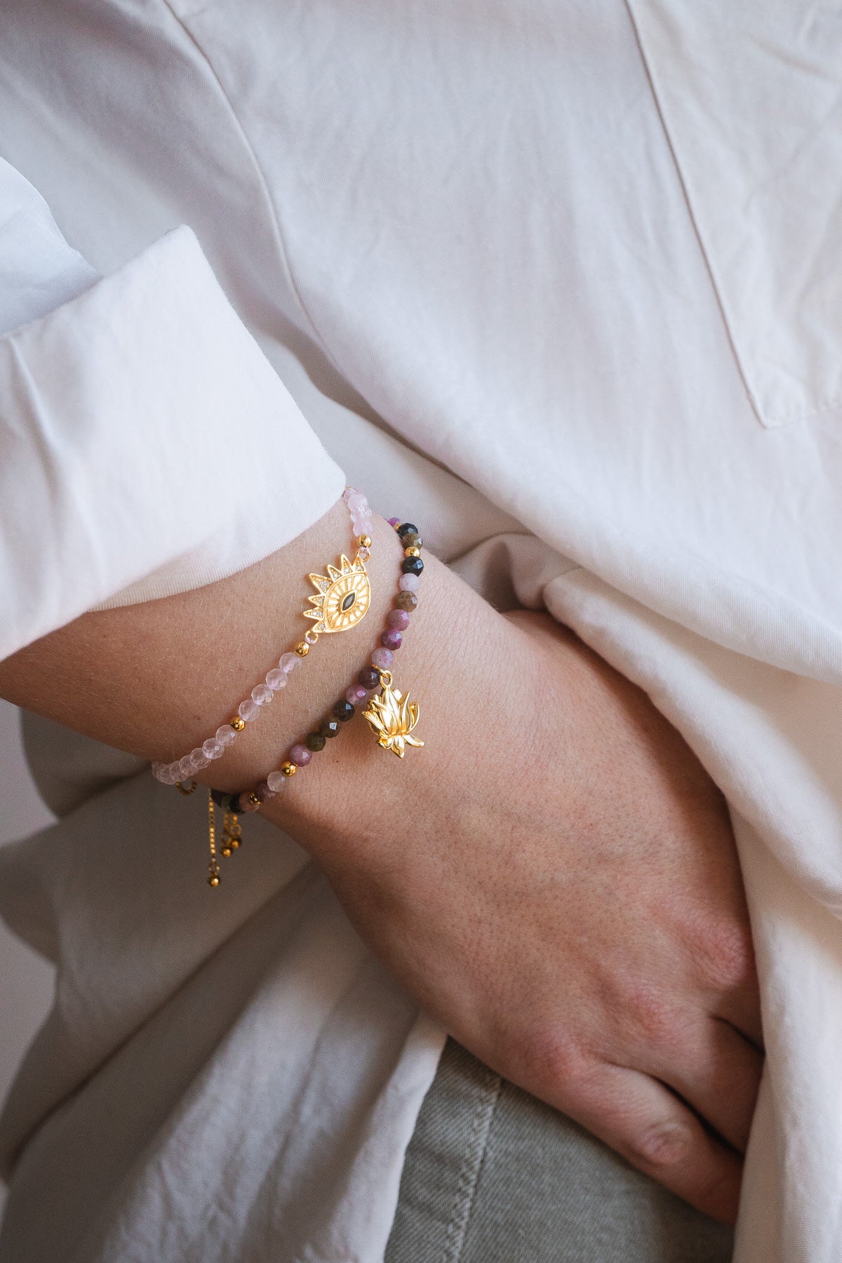 Heart Healing Evil Eye Bracelet – Rose Quartz with Sapphire in 18K Gold Spiritual Jewelry