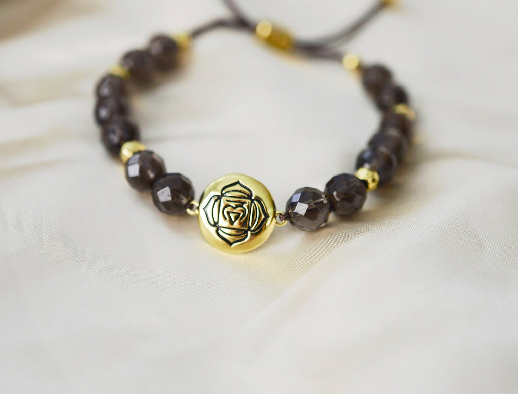 Root Chakra Smoky Quartz Bracelet – Grounded Energy & Calm 18K Gold Plated Healing Jewelry