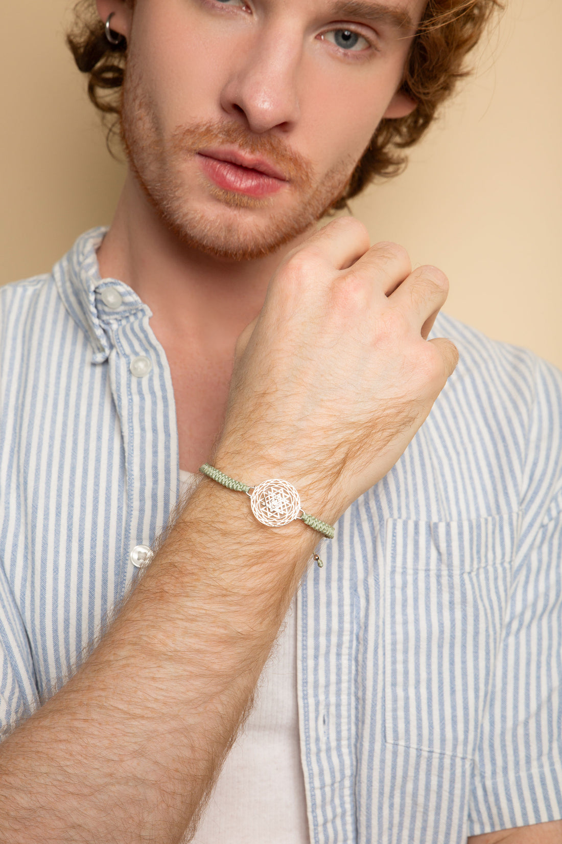 Luck and Prosperity Sri Yantra Friendship Bracelet, White Rhodium, Sage Green, One Size