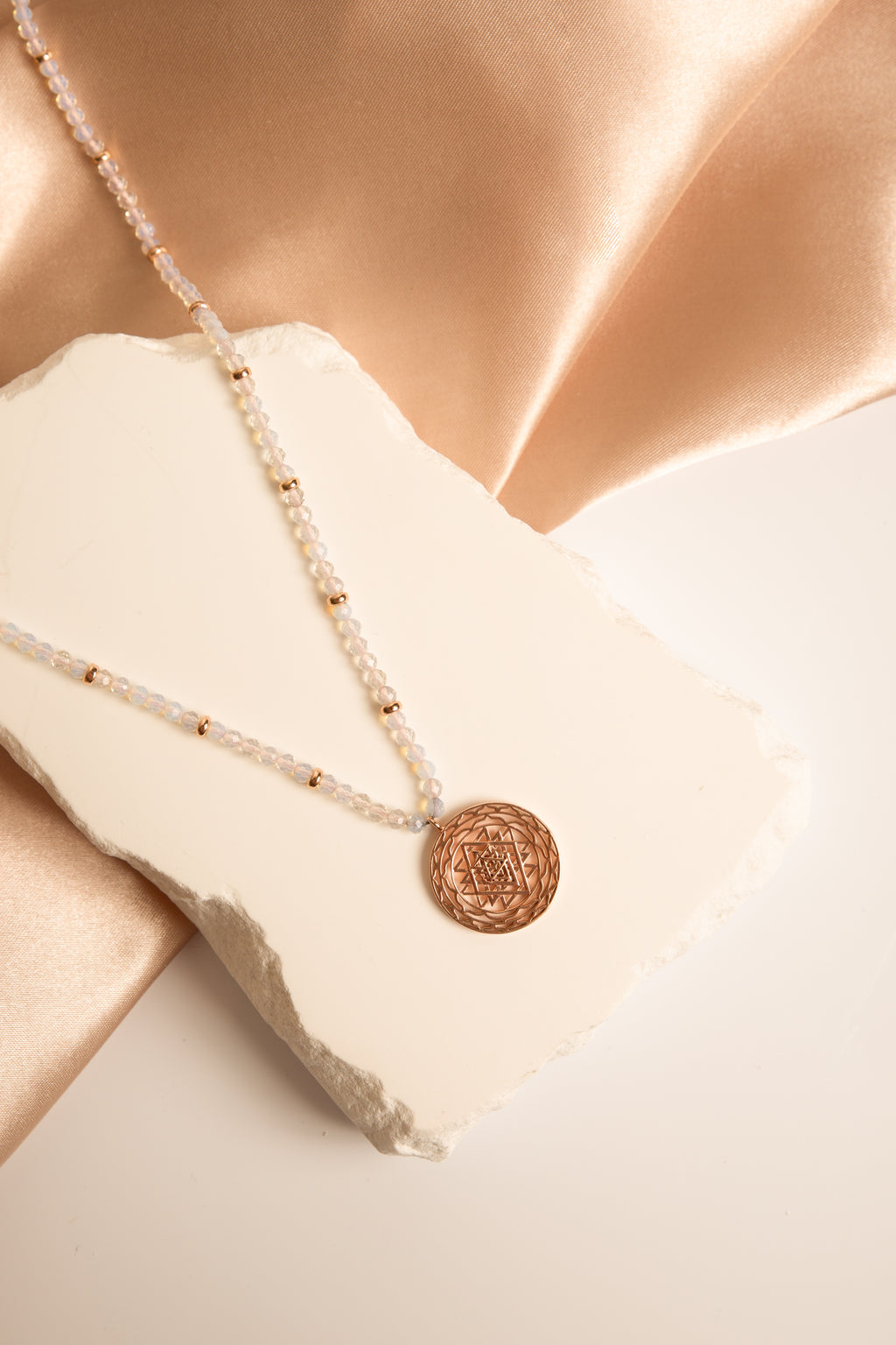 Sri Yantra Harmonious Energy Necklace – White Opal – Rose Gold Spiritual Jewelry