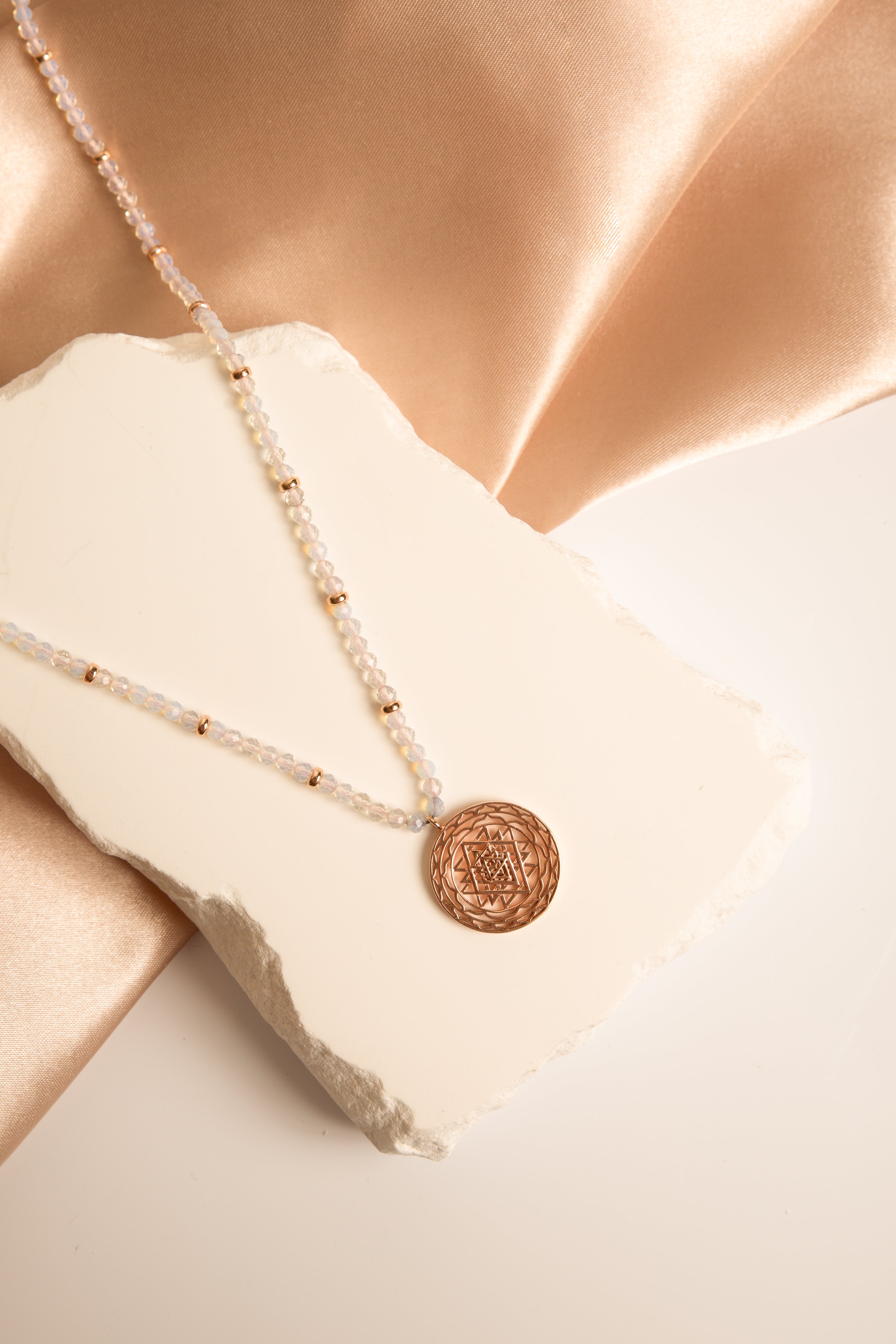 Sri Yantra Harmonious Energy Necklace – White Opal – Rose Gold Spiritual Jewelry