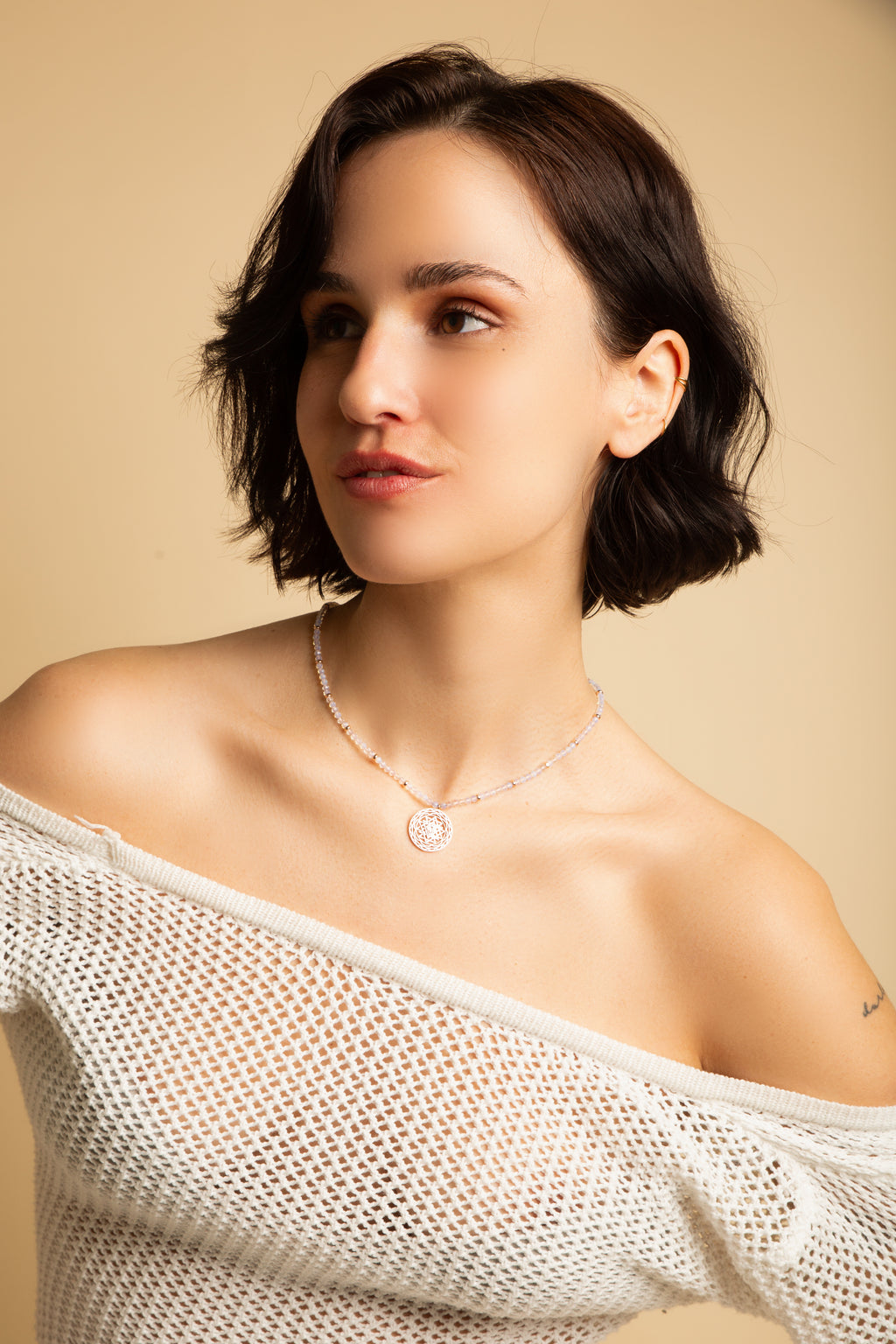 Sri Yantra Harmonious Energy Necklace – White Opal – Rose Gold Spiritual Jewelry