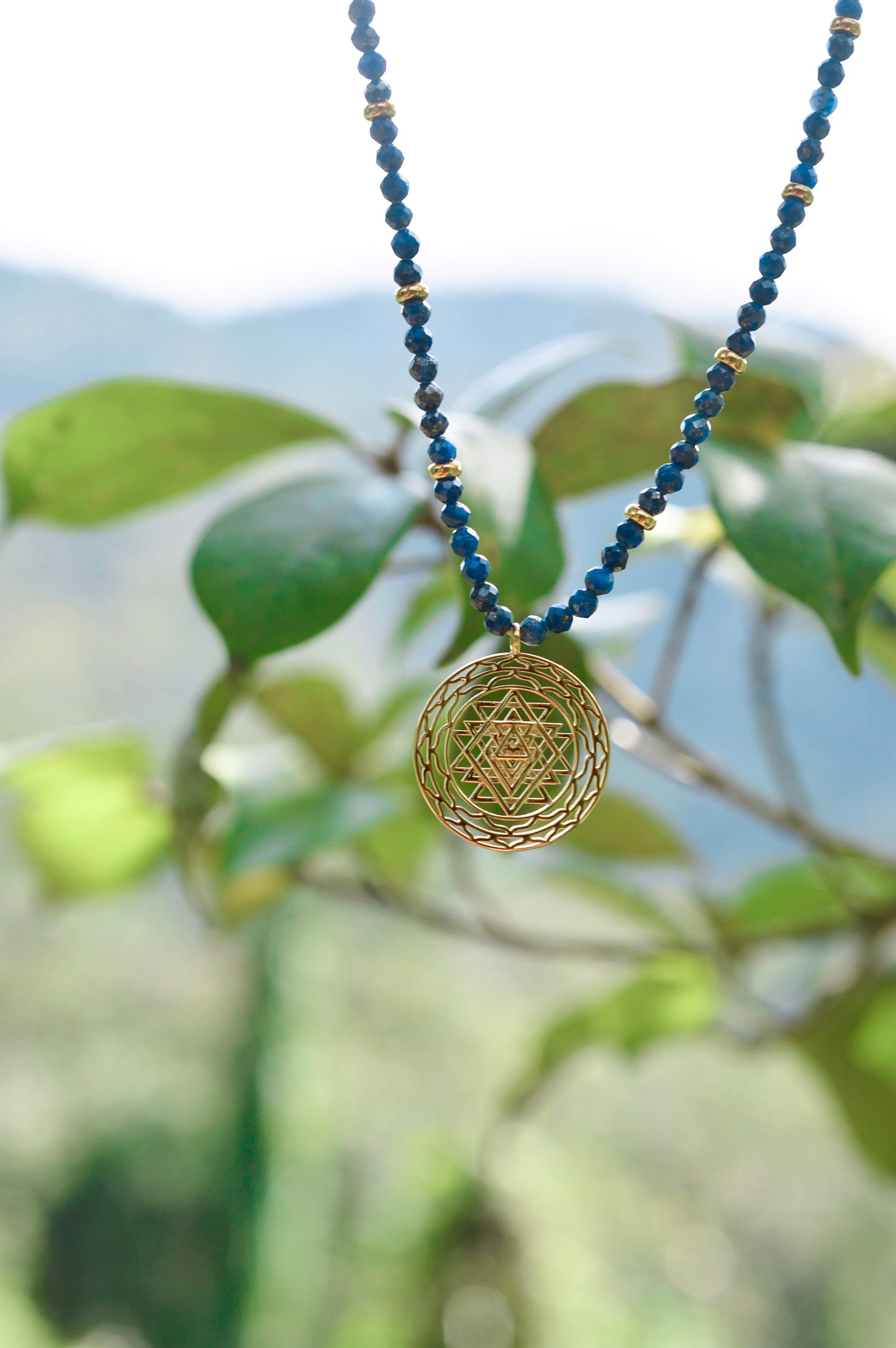 Sri Yantra Protection & Peace Necklace, Lapis Lazuli, 18k Gold