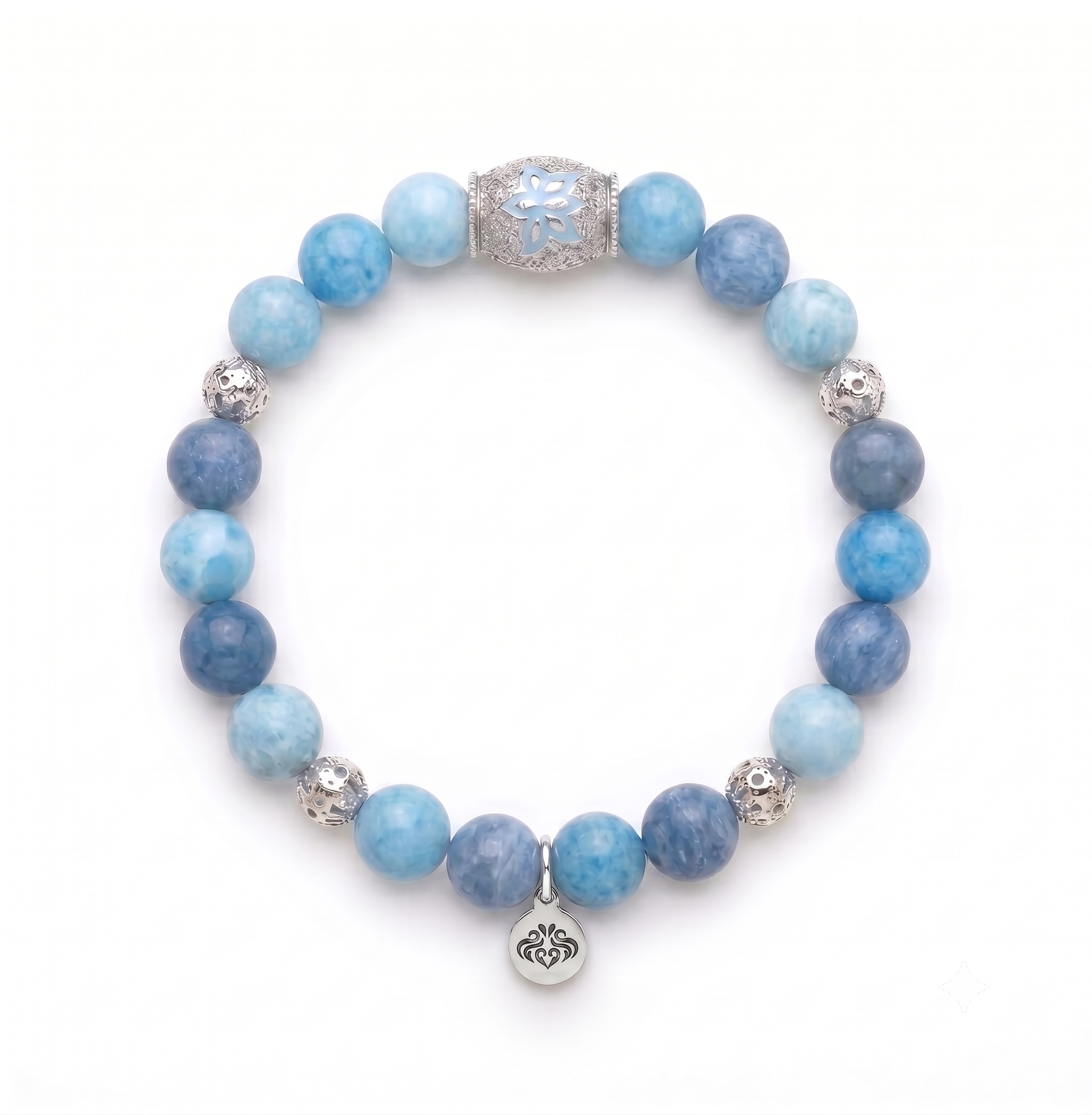 Tranquil Lotus Larimar Quartz Lotus Beaded Bracelet, White Rhodium