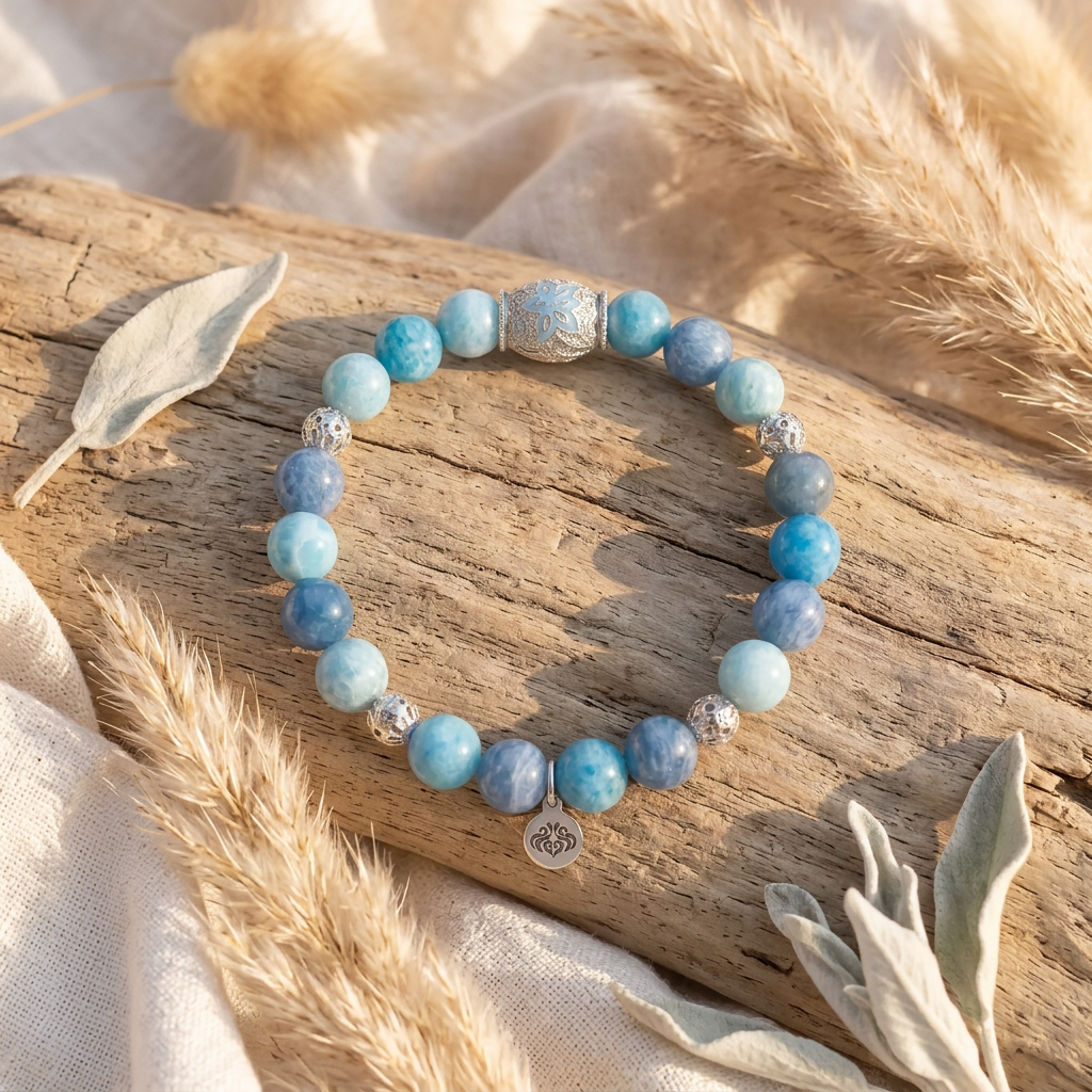 Tranquil Lotus Larimar Quartz Lotus Beaded Bracelet, White Rhodium