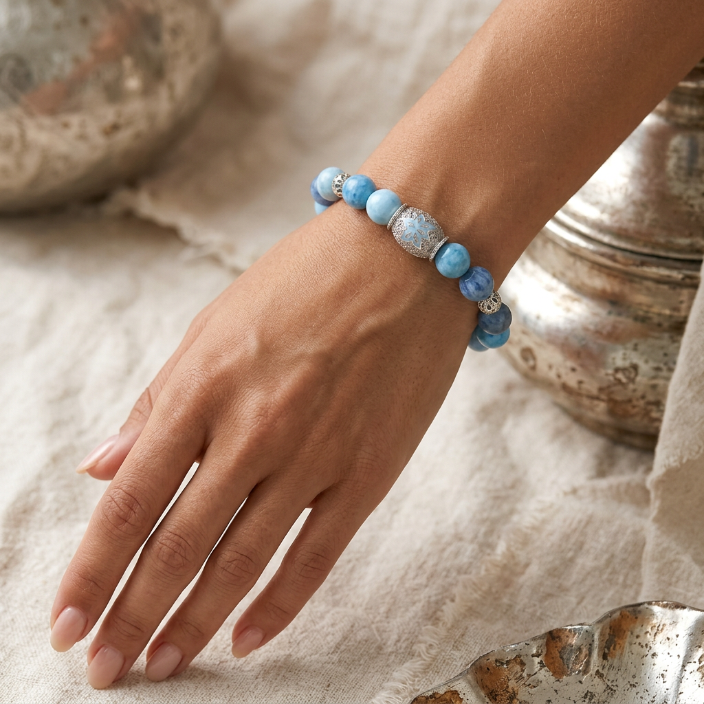 Tranquil Lotus Larimar Quartz Lotus Beaded Bracelet, White Rhodium