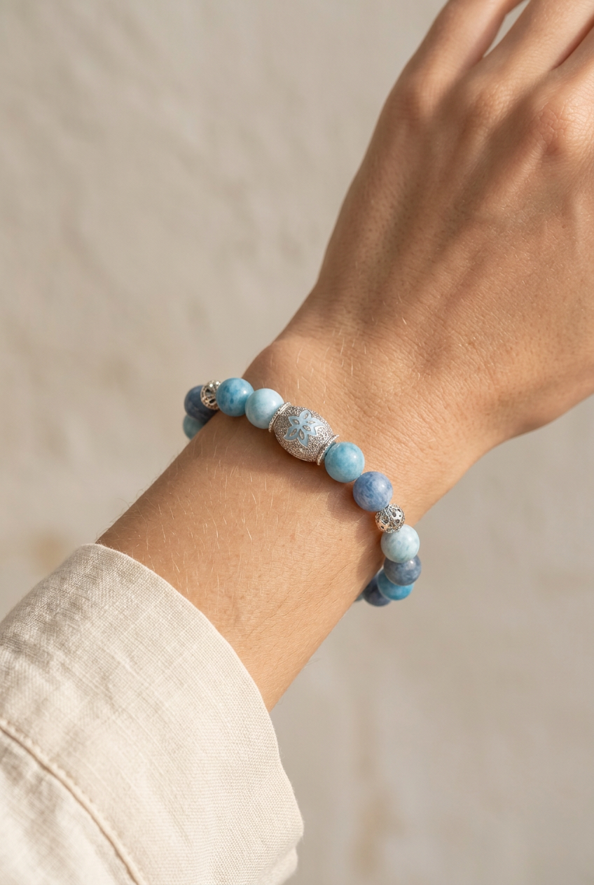 Tranquil Lotus Larimar Quartz Lotus Beaded Bracelet, White Rhodium
