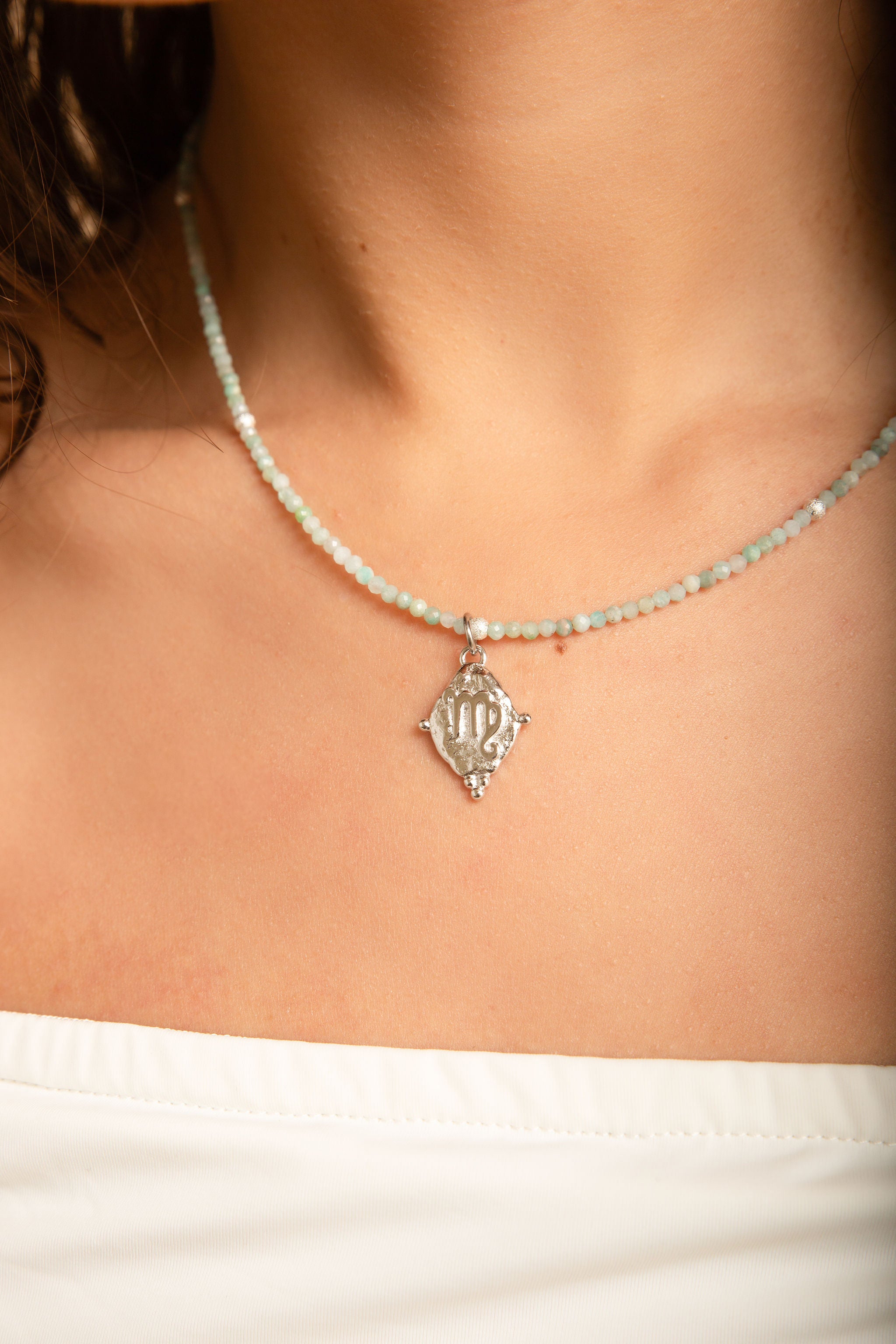 Virgo Zodiac Choker Necklace – Amazonite White Rhodium Plated Horoscope Jewelry