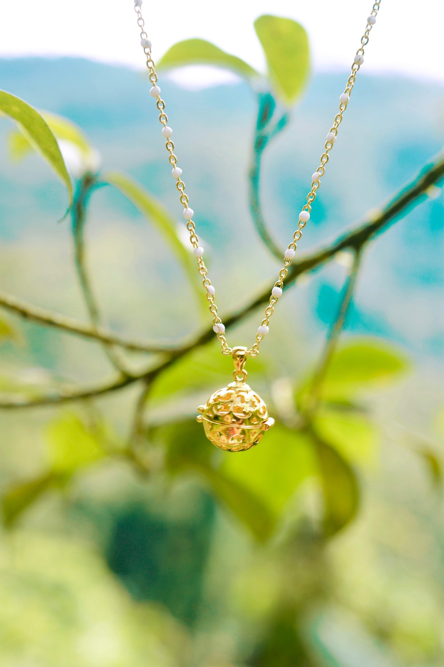 Aromatherapy Diffuser Locket, Ivory Enamel Beaded Chain, 18k Gold