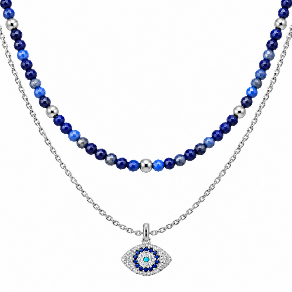 Divine Guardian Lapis Lazuli and Evil Eye Layered Necklace Set, White Rhodium