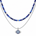 Divine Guardian Lapis Lazuli and Evil Eye Layered Necklace Set, White Rhodium