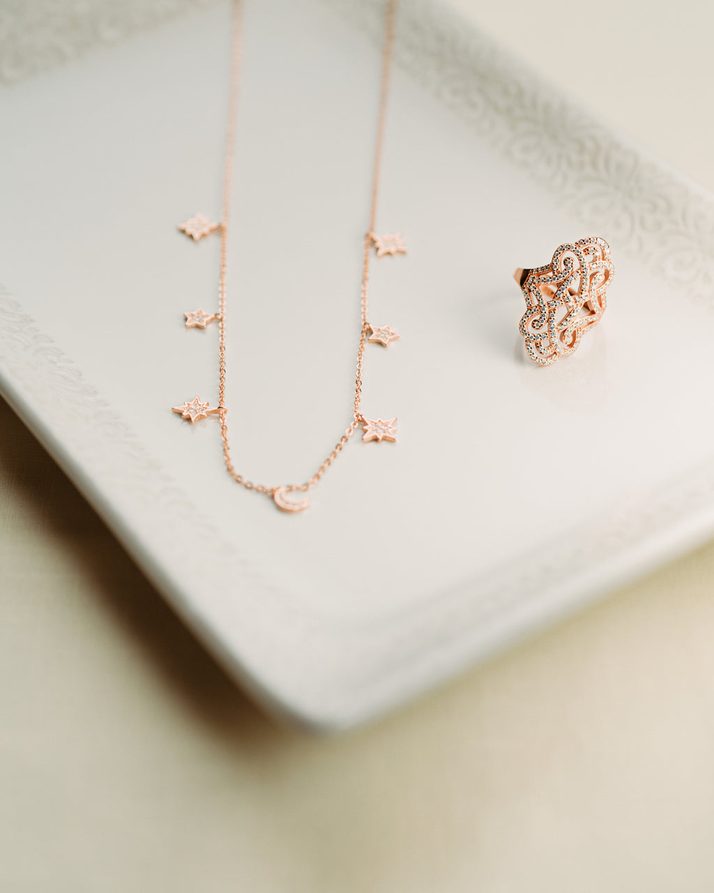Heavenly Realms Moon & Stars Drop Choker Necklace – Rose Gold with CZ Diamonds