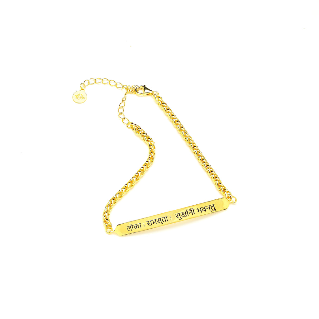 Sanskrit “May All Beings Be Happy & Free” Men’s Chain Bracelet – 18K Gold Plated Sterling Silver