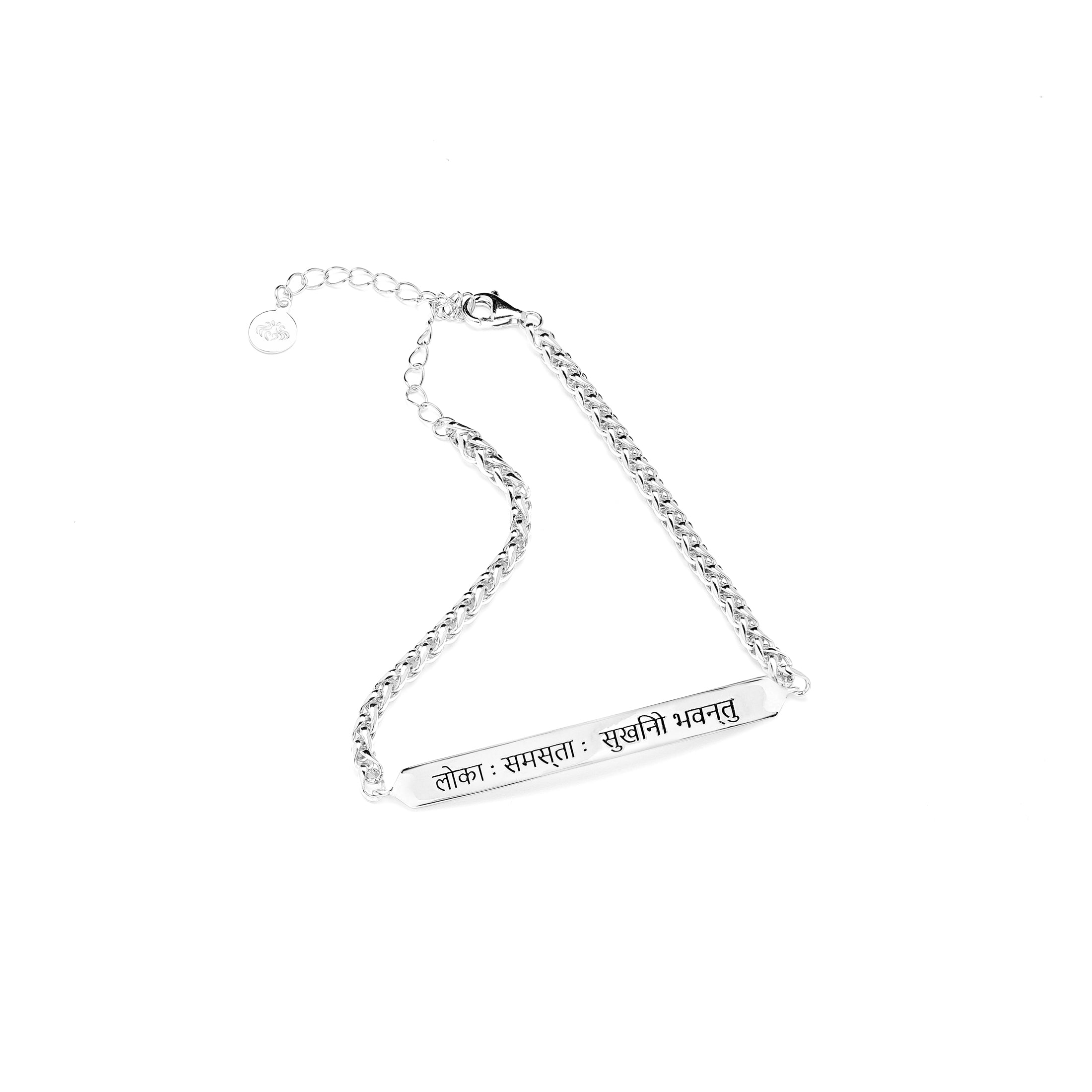 Sanskrit “May All Beings Be Happy & Free” Men’s Chain Bracelet – White Rhodium Plated Sterling Silver