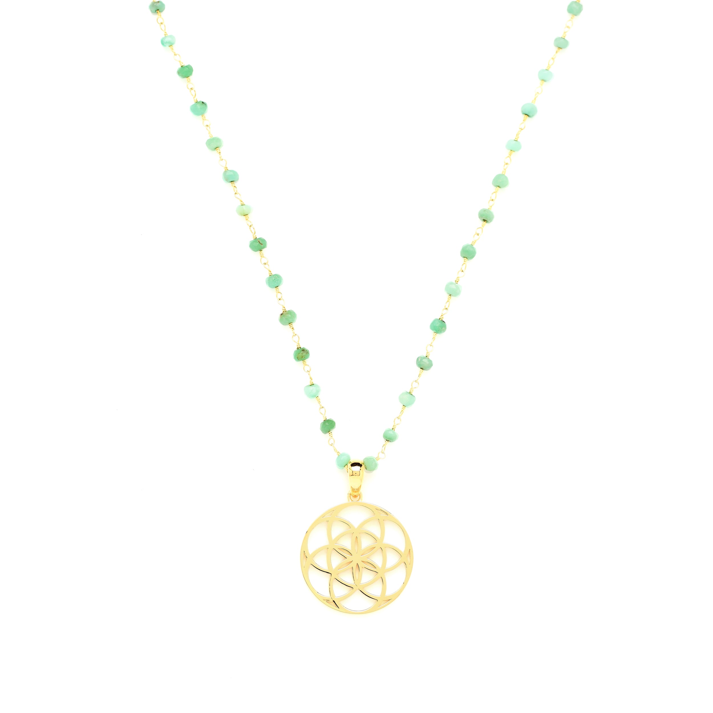 Self Love & Healing Seed of Life Necklace – Chrysoprase – 18k Gold Finish Sacred Geometry Pendant