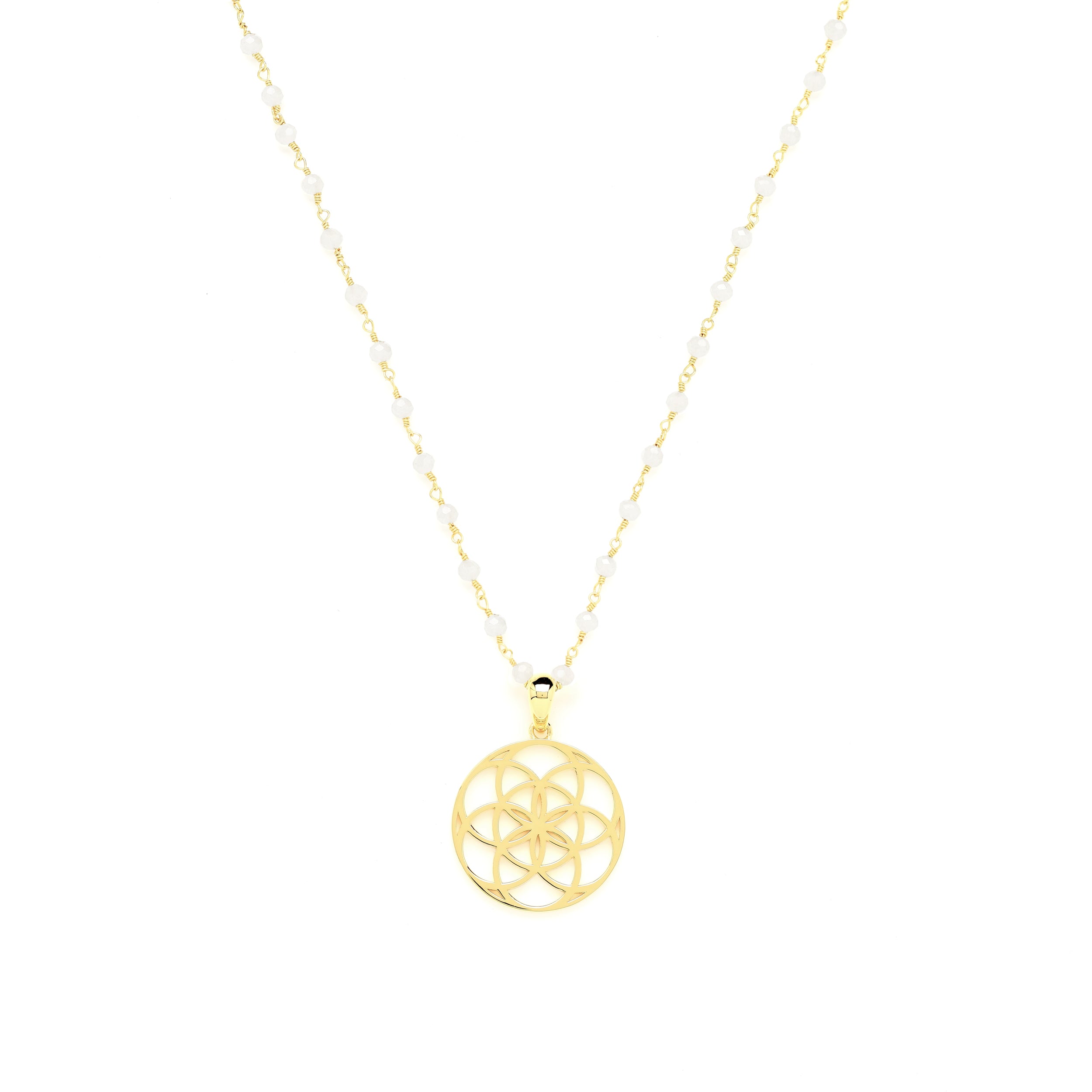 Seed of Life Feminine Power Amulet – White Chalcedony – 18K Gold Plated Chain