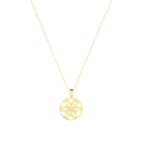 Seed of Life Feminine Power Amulet, White Chalcedony Chain, 18k Gold Plated