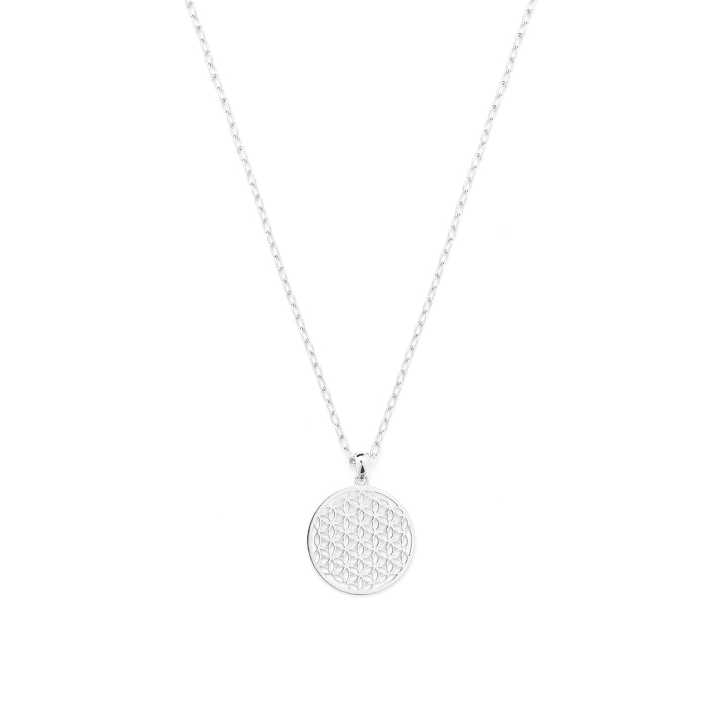 Flower of Life Link Chain Necklace – White Rhodium Over Sterling Silver Spiritual Jewelry