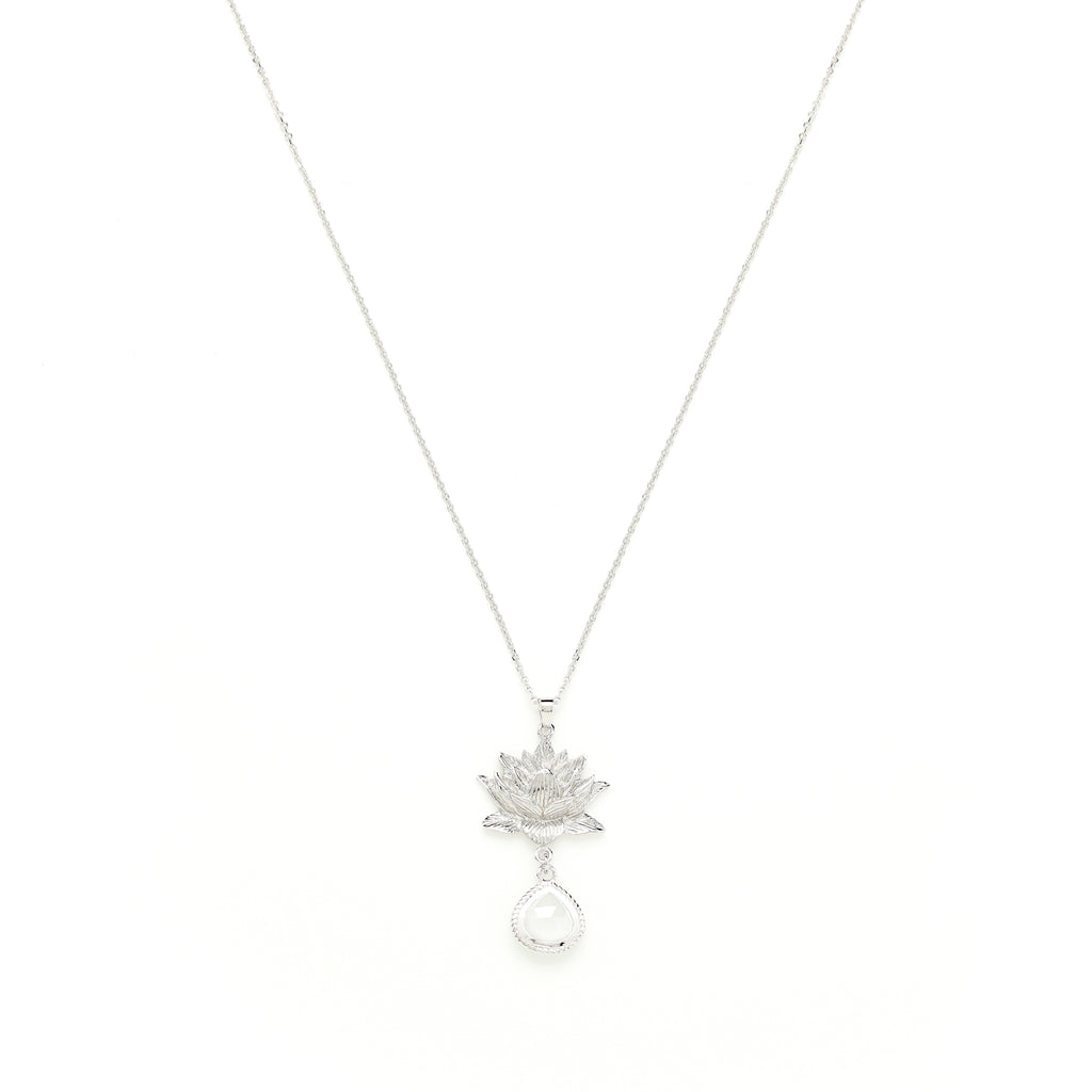 Goddess Lotus Necklace – Moonstone – White Rhodium Spiritual Jewelry