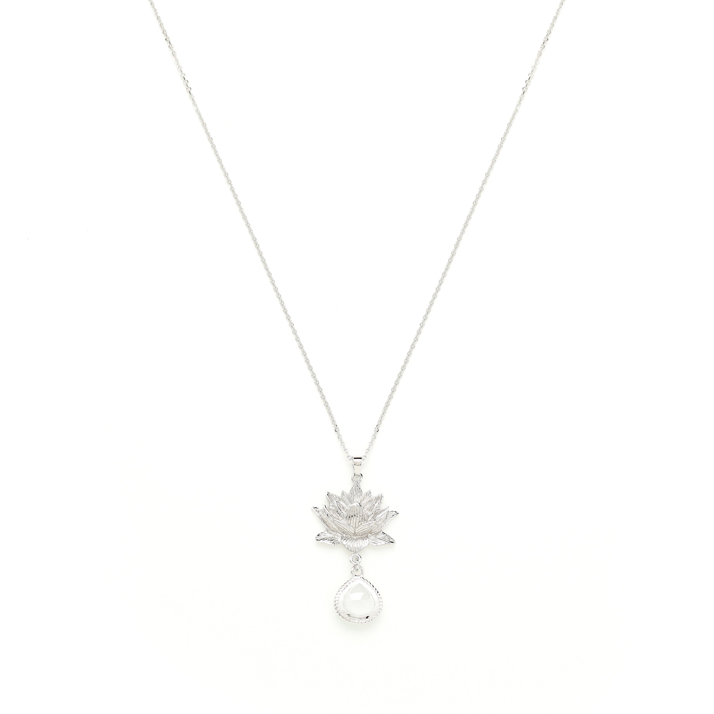 Goddess Lotus Necklace – Moonstone – White Rhodium Spiritual Jewelry